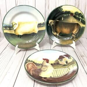 Block Country Farm Plates by Gear Set Of 3 8” Rooster, Cow & Sheep 1995